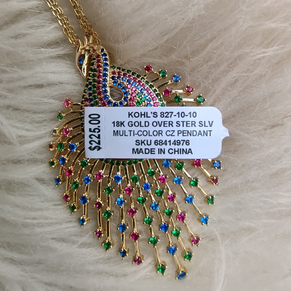 Kohl's 18k Gold Sterling Silver Multicolored Cubic Zirconia Peacock Necklace